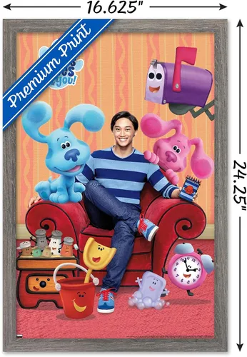Miniatura 3 de Nickelodeon Blue's Clues - Póster de pared grupal, 22.4 pulgadas de largo x 14.7 pulgadas de ancho, versión enmarcada de madera de granero