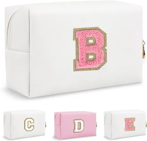 Miniatura 11 de Biileen Bolsa de Maquillaje Preppy Personalizada con Inicial Pequeña Bolsa de Viaje Linda con Letra de Chenilla, blanco-1, F