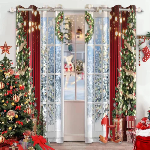 Miniatura 9 de AWERT Cortinas de Navidad con Bolas Vibrantes para Sala de Estar, Cortinas Opacas de Navidad Juego de 2 Paneles, Ojales de Acero Inoxidable Plateado