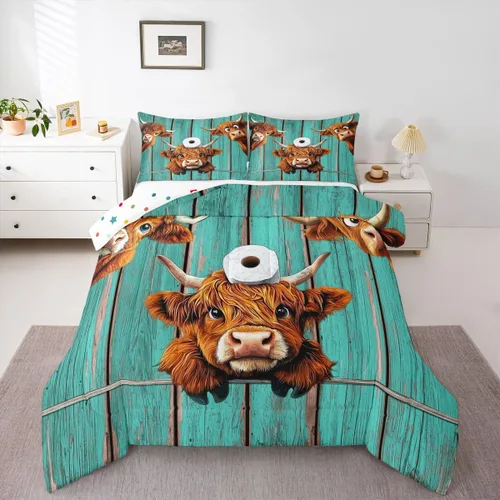 Miniatura 12 de Juego de ropa de cama de vaca de las tierras altas, edredón de ganado de las tierras altas, juego de edredón rosa floral de vaca occidental, juego