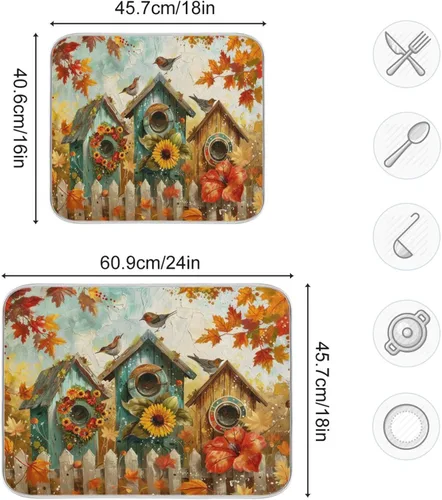 Miniatura 3 de Tapete de secado de platos de 16 x 18 pulgadas para encimera de cocina, hojas de arce y hojas de arce, tapete de microfibra reversible para secar