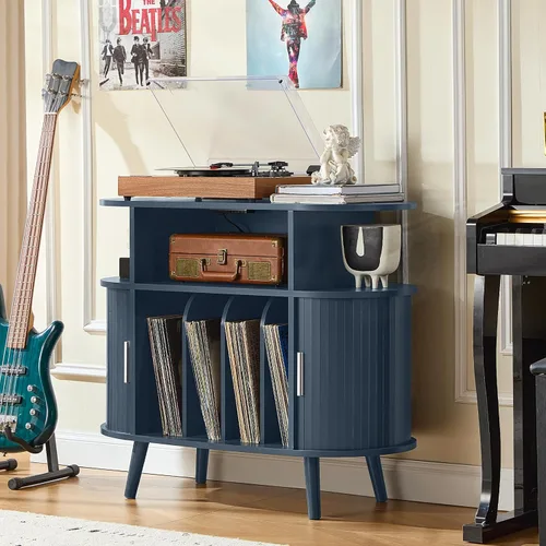 Miniatura 5 de LELELINKY Large Round Record Player Stand with Charging Station & Fluted Display Shelf, Blue Mid Century Modern Turntable Cabinet with Vinyl