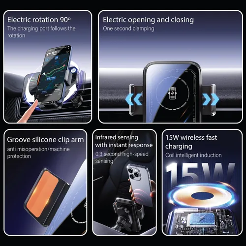 Miniatura 8 de Soporte inalámbrico para teléfono con cargador de automóvil, 15 W, con sujeción automática de 15 W, control de gestos, rotación automática de 90
