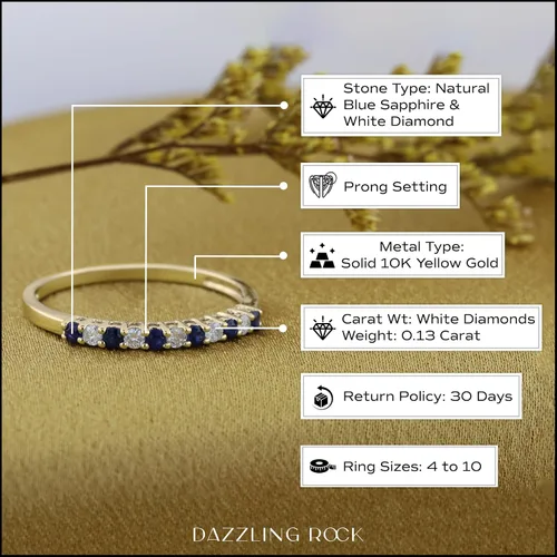 Miniatura 11 de Dazzlingrock Collection Alianza de boda apilable de zafiro azul y diamante blanco redondo alternativo en oro de 10 quilates