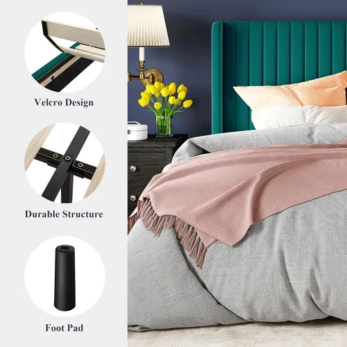 Miniatura 7 de Allewie - Base de cama tamaño Full con plataforma acolchada tapizada en terciopelo/cabecera tapizada con diseño acanalado vertical/listones de Verde