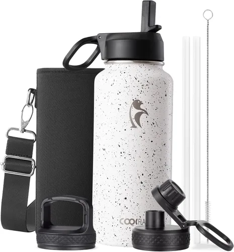 Miniatura 18 de Coolflask Botella de agua de 20 onzas aislada con pajilla, 3 tapas de metal de acero inoxidable, botella de agua de boca ancha para deportes u