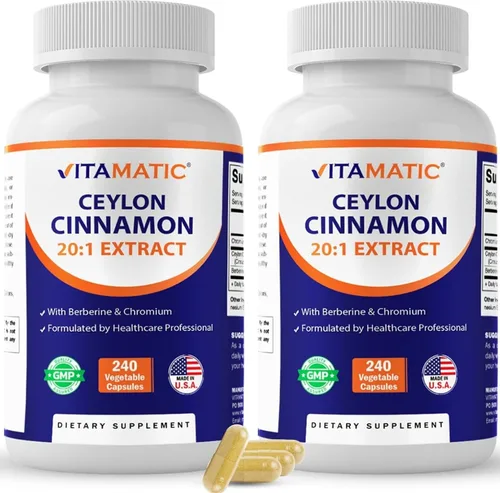 Vitamatic Canela de Ceilán y berberina con cromo - Extracto botánico a base de plantas - Cápsulas vegetales - Sin OMG, sin gluten - Suplemento de