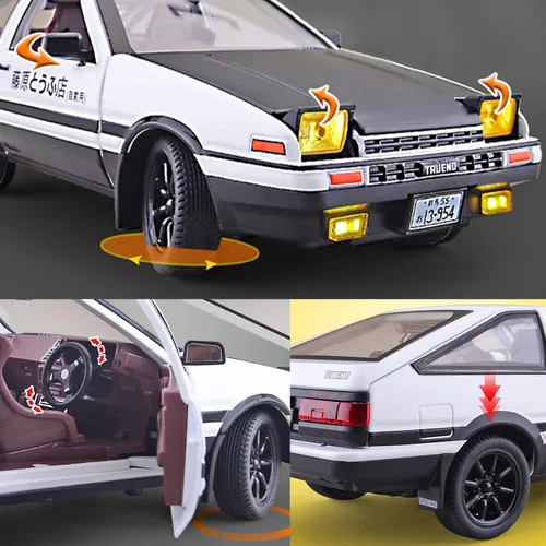 Miniatura 5 de 1/24 - Modelo de automóvil con inicial D Trueno AE86, juguete deportivo para niños y adultos, vehículos de tracción (tipo C negro)