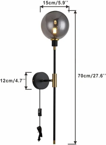 Miniatura 2 de KCO Apliques de pared con enchufe de 1 luz, cable de interruptor de encendido/apagado, lámpara de pared moderna negra con brazo largo de globo