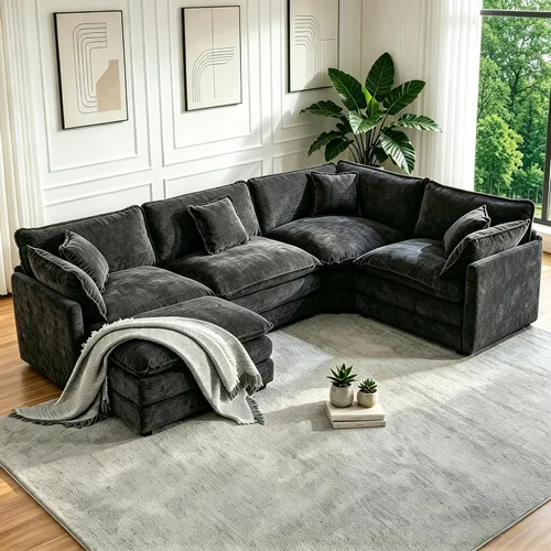 Miniatura 19 de Sofá modular modular con otomano: sofá moderno en forma de L de 76.7 pulgadas, cómodo sofá biplaza, sofá de 3 plazas de felpilla con almohada