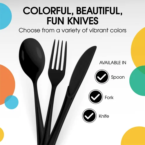 Miniatura 3 de Party Solids Tenedores de plástico negro, 100 piezas, tenedores negros, utensilios desechables, juego de cubiertos de plástico resistente