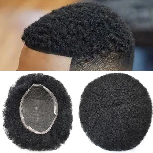 Pelucas afro rizadas para hombre, con encaje francés, de 10 x 8 pulgadas, completamente transparente, de repuesto, sistema de cabello humano rizado