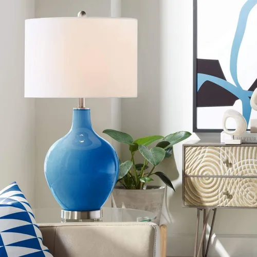 Miniatura 10 de Color + Plus Lámpara de mesa moderna de 28.5 pulgadas de alto, cristal azul Mónaco OVO blanco con pantalla de tambor de lino para sala de estar