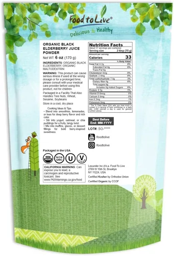 Miniatura 2 de Food to Live Jugo de saúco negro orgánico en polvo, 6 onzas, sin OMG, hecho de bayas secas crudas, sin sulfuro, vegano, a granel, ideal