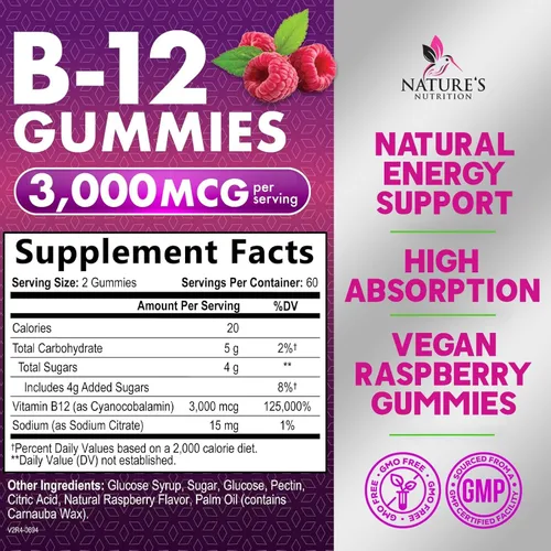 Miniatura 2 de Gomitas energéticas de vitamina B12, 3000 mcg por porción extra fuerte B 12 gomita para metabolismo, apoyo inmunológico, suplementos dietéticos