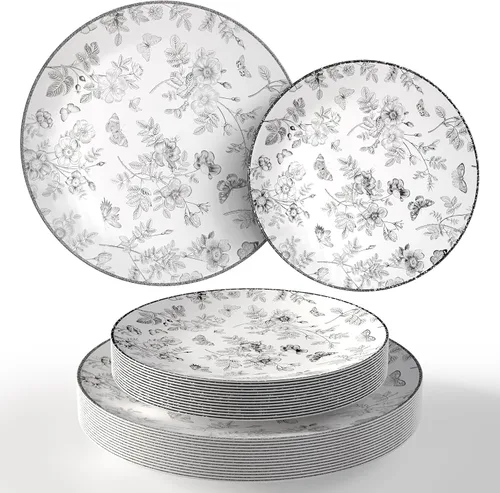 Miniatura 12 de Trendables Platos Desechables para Suministros de Fiesta Platos de Plástico Florales Negros para Boda 40 Piezas - 20 de 8" y 20 de 10"