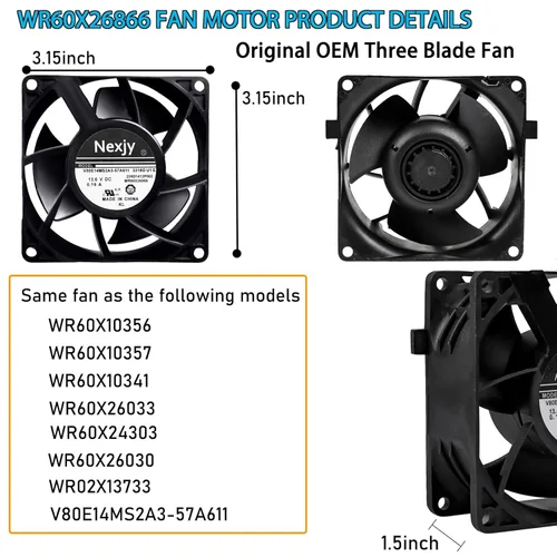Miniatura 2 de Motor de ventilador evaporador de refrigerador OEM actualizado WR60X26866 2025, compatible con refrigerador GE, reemplaza V80E14MS2A3-57A611 Negro