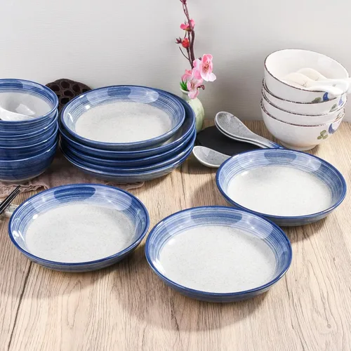 Miniatura 6 de Juego de vajilla de cerámica azul de 4 piezas, plato, plato, cuenco, cuchara, juego de vajilla de porcelana japonesa pintada a mano, una buena YL.