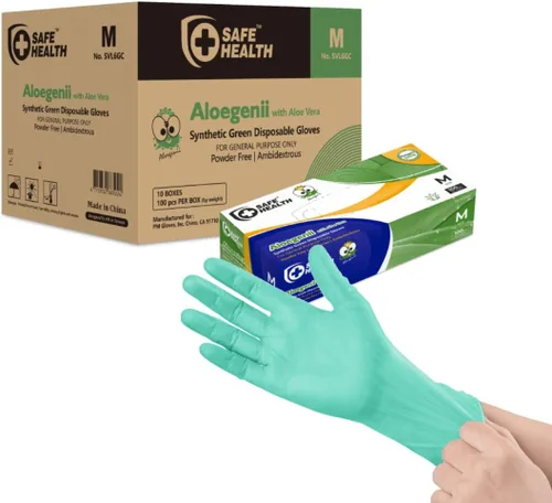 Safe Health Aloegenii - Guantes desechables de vinilo verde HD, revestimiento de aloe vera, 5.5 mil, caja de 1000, medianos, sin látex, sin polvo,