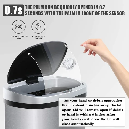Miniatura 3 de Bote de basura de 13 galones con tapa, botes de basura automáticos para cocina, 50 L, con sensor de movimiento, cubo de basura de acero inoxidable