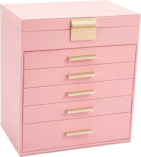 BOOVO Joyero de 4 capas para mujer, caja organizadora de joyas con ganchos para collares, 3 cajones para guardar lentes de sol, collares y pulseras