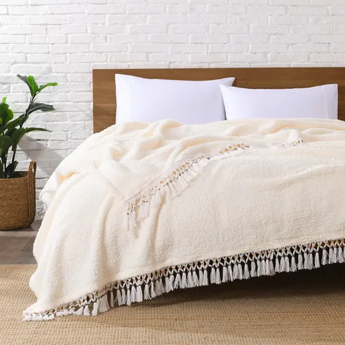 Miniatura 12 de Manta Sherpa de forro polar ultrasuave, tamaño Queen, manta de cama bohemia ligera y acogedora con borla decorativa, patrón reversible, 2 tonos