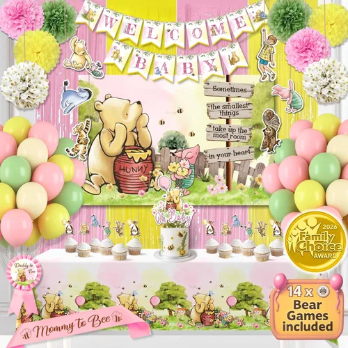 Decoración de Baby Shower Winnie en Rosa – Globos de Winnie the Pooh, Telón de Fondo, Bandera de Bienvenida al Bebé, Mantel, Adornos para Pastel,