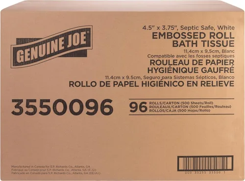 Miniatura 2 de Genuine Joe papel higiénico con relieve, 2 capas, seguro para fosas sépticas, envuelto individualmente, 4.5" x 3.75", 500 hojas/rollo, 96