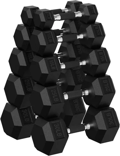 Miniatura 17 de Juego de mancuernas hexagonales con estante, juego de mancuernas de ejercicio y fitness con revestimiento de goma de 720 libras, peso de mano