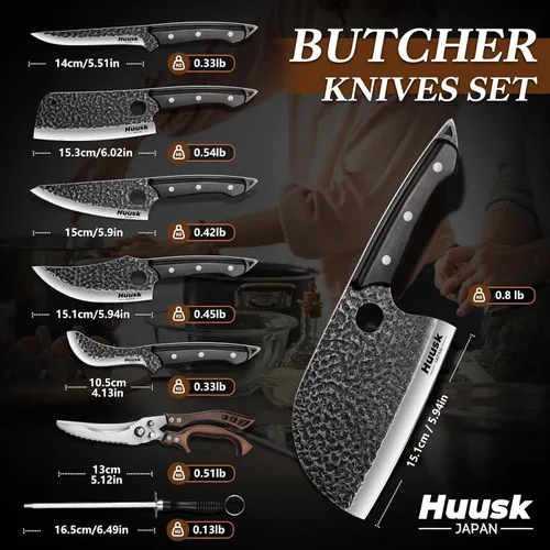 Miniatura 6 de Huusk Juego de cuchillos de chef serbio - Juego de 6 cuchillos de carnicero forjados a mano para cortar carne, cuchillos vikingos con bolsa