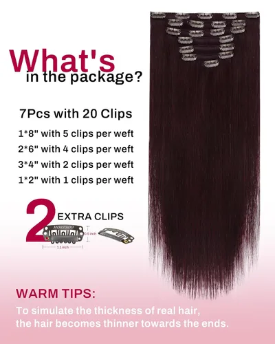 Miniatura 3 de Moresoo Extensiones de cabello humano real color burdeos con clip, extensiones de cabello humano rojo oscuro con clip de doble trama, color vino