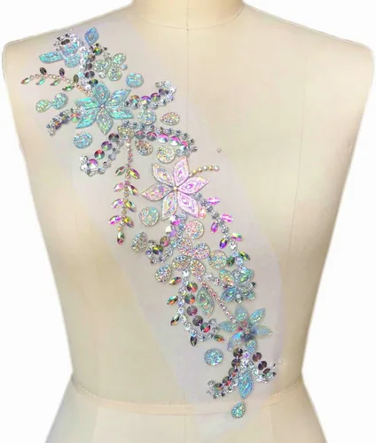 Parches de cristal brillante hechos a mano puro de 3.9 x 16.5 in para coser, apliques de diamantes de imitación con piedras y cuentas de lentejuelas