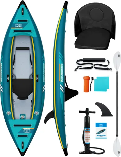 OCEANBROAD Kayak Inflable Sit-in (SIN HIN), Kayak Inflable para 1 Persona/2 Personas para Adultos con Remo, Asiento de Kayak, Pedal, Bomba de Mano y