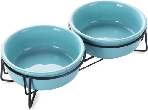 GDCZ Soporte elevado para cuenco para gatos, soporte de metal de 11.6 pulgadas con 2 cuencos de cerámica extraíbles de 15 onzas para comida y agua
