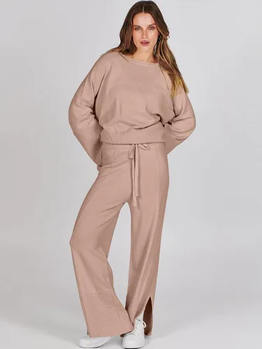 Miniatura 4 de ANRABESS Conjunto de 2 piezas para mujer, sudadera de punto de gran tamaño y pantalones de pierna ancha con cordón