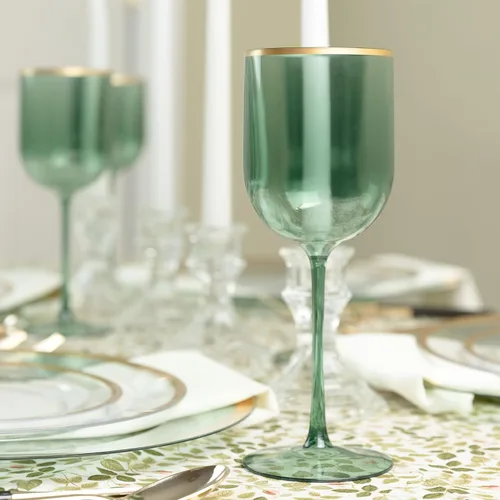Miniatura 2 de Juego de 10 copas de vino de plástico con borde dorado, copas de vino elegantes copas de vino de plástico duro Champaign tazas en tallo de 12 onzas
