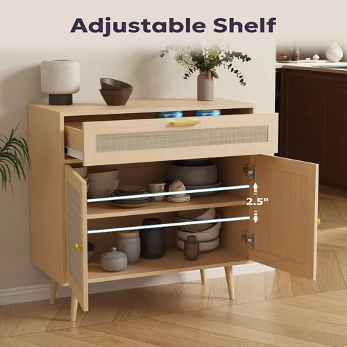 Miniatura 3 de Furnify Aparador de ratán buffet, armario de cocina bohemio con cajón y 2 puertas, armario moderno de mediados de siglo con estante ajustable, barra