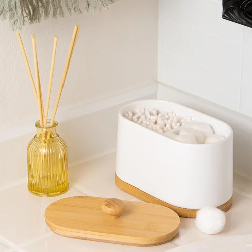 Miniatura 2 de DAILY RITMO Dispensador grande de hisopos de algodón blanco y soporte para bolas, contenedor de doble compartimento de dos caras con tapa de bambú