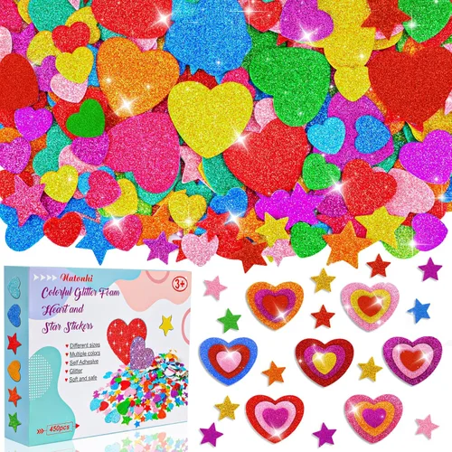 450 calcomanías de corazón de espuma, 8 colores y 3 tamaños, calcomanías autoadhesivas de corazón y estrella con purpurina para el día de San
