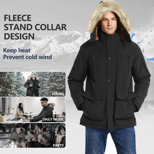 Miniatura 5 de JYG - Chaqueta de invierno gruesa para hombre, parka acolchada con capucha extraíble de piel sintética