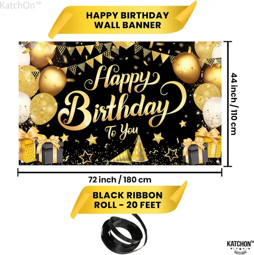 Miniatura 3 de KatchOn, Cartel de feliz cumpleaños negro y dorado – Xtragrande de 72 x 44 pulgadas Decoraciones de cumpleaños para mujeres, hombres, niños