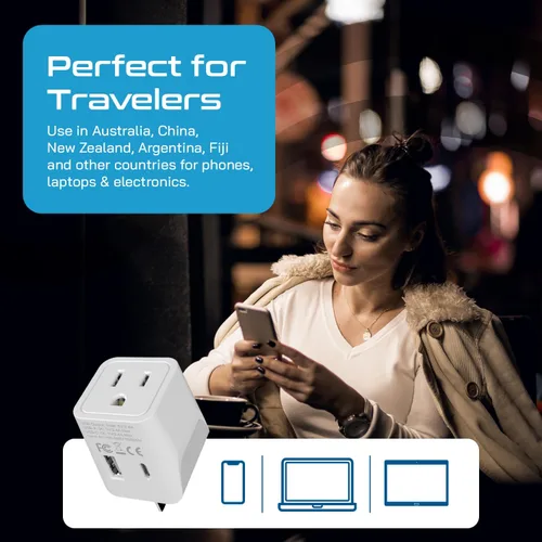 Miniatura 5 de Ceptics Adaptador de viaje para Australia, Nueva Zelanda y China, entrada USB dual, ultracompacto, de Estados Unidos a tipo I, perfecto para Blanco