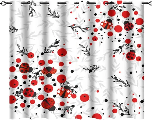 Miniatura 16 de Cortinas opacas de estilo japonés de mariquita de dibujos animados, diseño de eucalipto de mariquita roja y negra, juego de tratamiento de ventana
