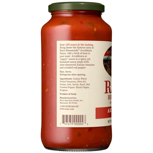 Miniatura 5 de Salsa arrabbiata Rao’s Homemade, 24 oz, salsa de tomate picante para pasta, baja en carbohidratos, apta para dietas Keto, natural, calidad premium