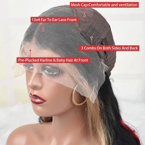 Miniatura 6 de abgese Peluca de cabello humano ondulado con reflejos rojos, pelucas de cabello humano ondulado con encaje frontal, densidad del 180 %, encaje