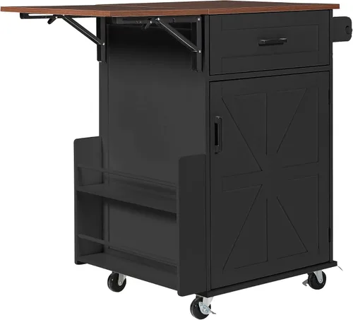 LUMISOL Isla de cocina de granja con hoja caída, carrito de cocina rodante con ruedas bloqueables y estante lateral abierto, 39.3 pulgadas de ancho