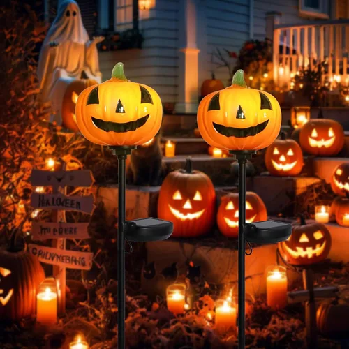 Miniatura 7 de Afirst Luces solares de calabaza de Halloween para caminos de cristal soplado a mano para Halloween, linterna de Halloween, pantalla LED solar