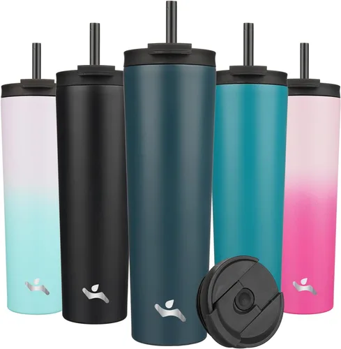 Miniatura 46 de Konokyo Vaso aislado de 18 onzas con tapa y 2 pajillas, botella de agua de acero inoxidable, taza de viaje al vacío, taza de café, color blanco ángel