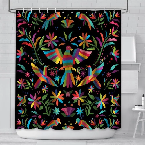 MEHOFOND Cortina de ducha estilo otomí de 72 x 72 pulgadas para baño, estilo mexicano, tradicional, mexicano, pájaro azul, rojo y negro, tela