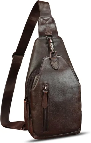 Bolso de cuero genuino para mujeres y hombres, mochila bandolera de cuero real para el hombro, bolso cruzado en el pecho, Café